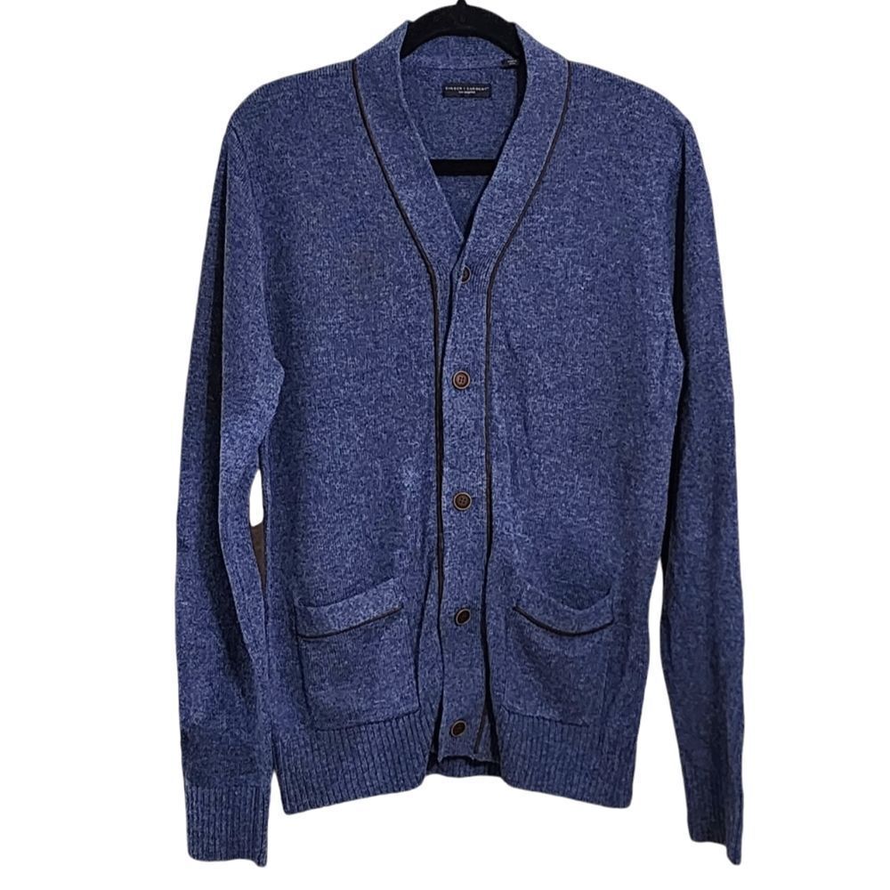 Singer + Sargent cardigan grandpa sweater blue & brown button up elbow patch M